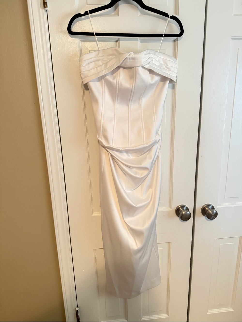 White Satin Strapless Midi Dress